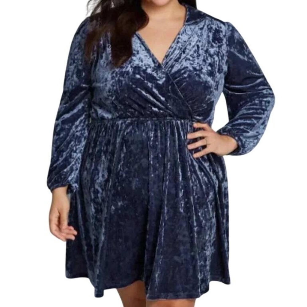 ModCloth Totally Crushed It Velvet Dress 3X Blue Pockets Faux Wrap Event NWT